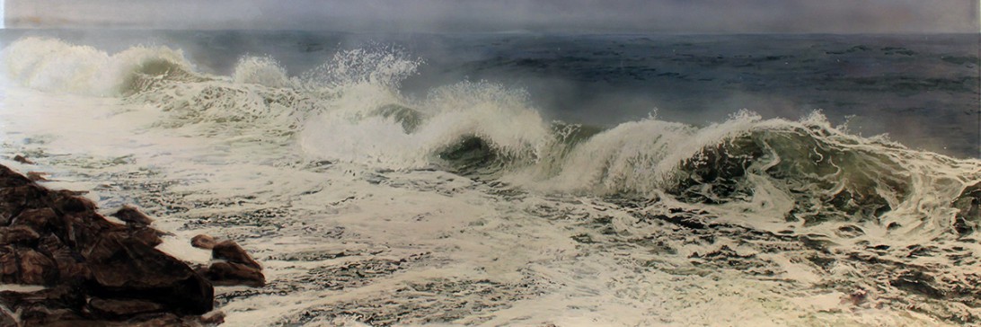 Along the Front, 15x43" acrylic on multiple acrylic panels , jess hurley scott, landscape painting, art, seascape, acrylic panels, contemporary landscape